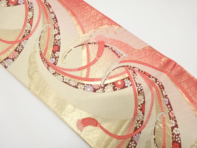 JAPANESE KIMONO / ANTIQUE FUKURO OBI / SILK / WOVEN FLORAL PLANTS